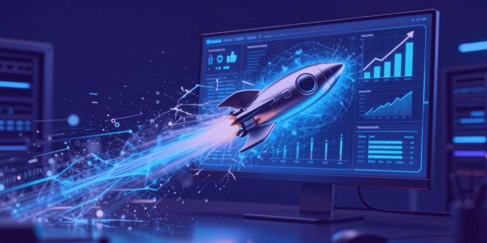 A conceptual digital marketing illustration featuring a launching rocket representing business growth; contact H2H Marketing to scale your online brand.